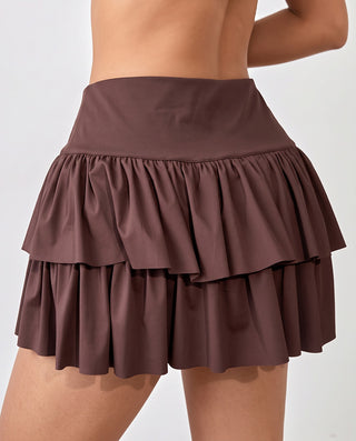 FALDA CAFE DE BOLEROS CON LAZO AL  LADO Y APLIQUE PINK ROSE
