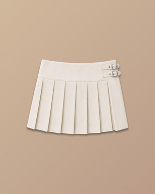 FALDA BEIGE DE TABLAS Y ABERTURA CON 2 HEBILLAS AL LADO