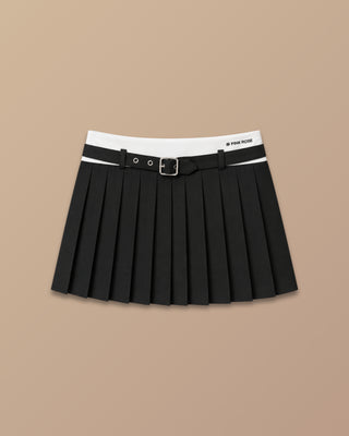 FALDA SHORT NEGRA DE TABLAS Y  HEBILLA CON PRETINA BLANCA