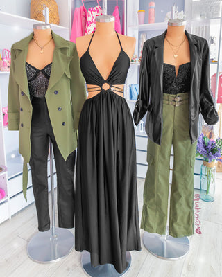 Blazer negro cuerina manga recogida