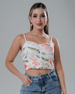 Crop Top Mallatex Drapeado con Estampado Floral