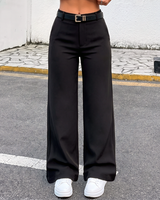 PANTALON NEGRO BOTA ANCHA DE COREEA CON HEBILLA DORADA