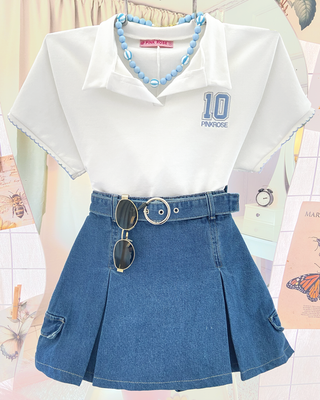 FALDA SHORT JEAN AZUL TIPO CARGO Y  CORREA DE HEBILLA EN FORMA DE ARO