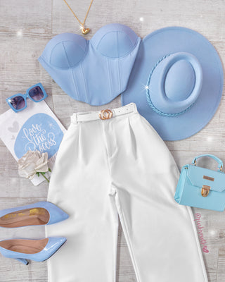 Crop Top Azul Strappless Con Amarre Atrás