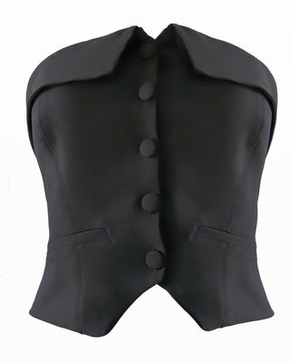 Blusa negra strapless con botones forrados