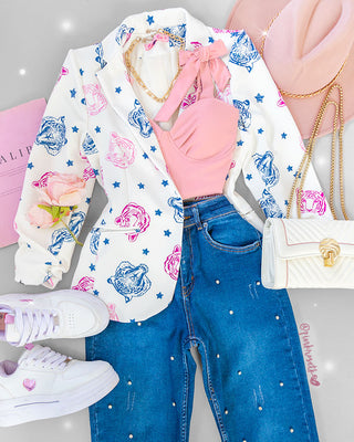 Blazer blanco con estampado de tigres en dos colores