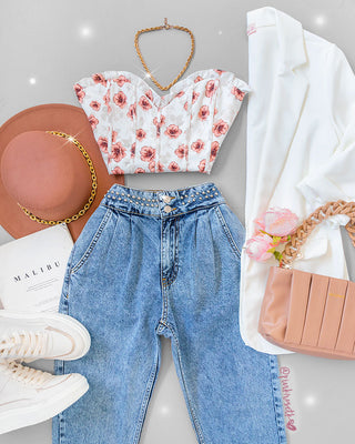 Bustier blanco tipo corsé con flores cafés de tiras y volante