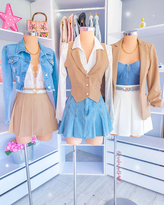 Falda blue jean de tablas y desgate en el ruedo
