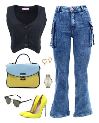 Pantalón blue jean cargo de talle alto con bolsillo con solapa