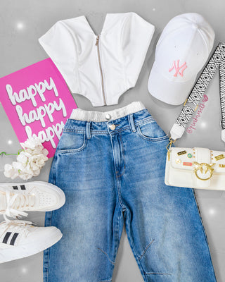Crop top blanco strapless cremallera adelante