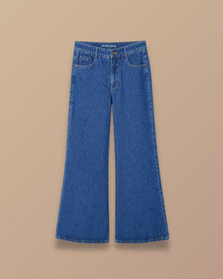 JEAN AZUL OSCURO TIRO ALTO BOTA CAMPANA