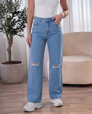 JEAN AZUL BOTA ANCHA CON ROTOS EN RODILLA