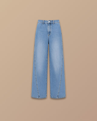 JEAN AZUL BOTA ANCHA CON COSTURA CRUZADA EN PIERNA
