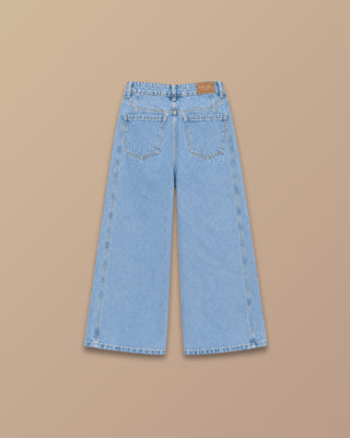JEAN AZUL BOTA ANCHA CON COSTURA VERTICAL EN PIERNA
