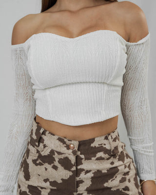 Blusa blanca Corta Tejida de Manga Larga