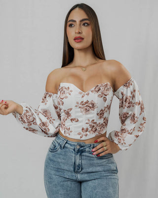 Blusa de Manga Larga y estampado de Rosa con Escote de Corazón