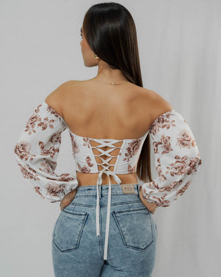 Blusa de Manga Larga y estampado de Rosa con Escote de Corazón