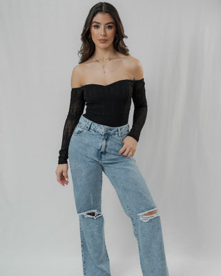 Blusa negra Corta Tejida de Manga Larga