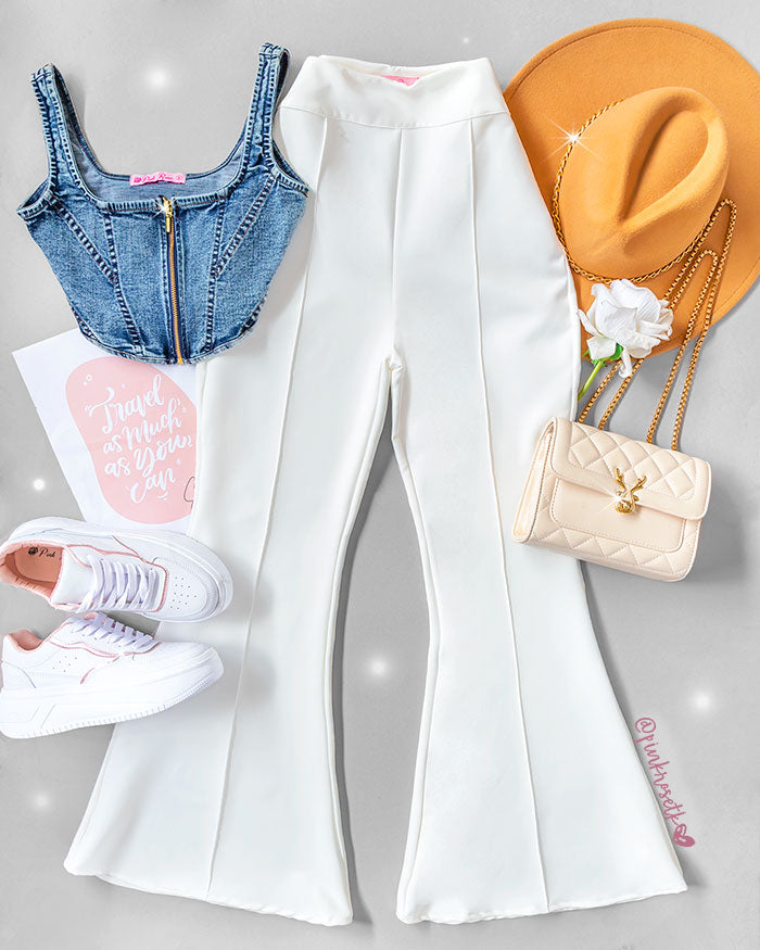 Pantalón blanco bota campana con vena – Pink Rose tk