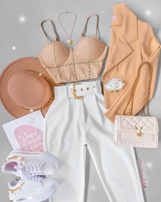 Bustier beige en cuerina y taches plateados
