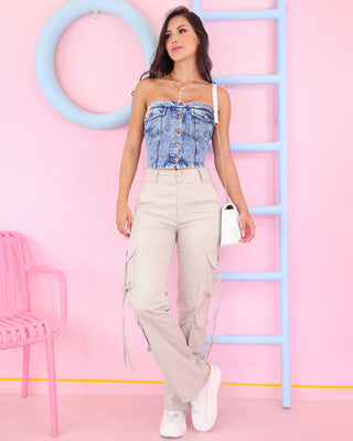 Crop top jean straple 5 botones bolsillos