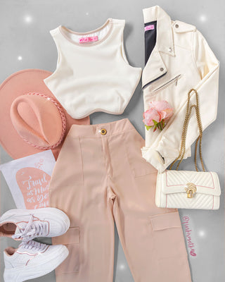 Blusa corta blanca manga sisa y detalle camel