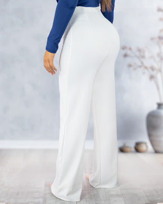 Pantalón blanco vena, bota ancha, tiro alto