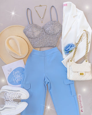 Bustier plateado en lentejuelas de copas y tiras