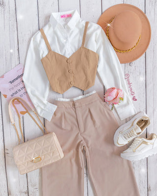Camisa blanca corta, satín y manga larga