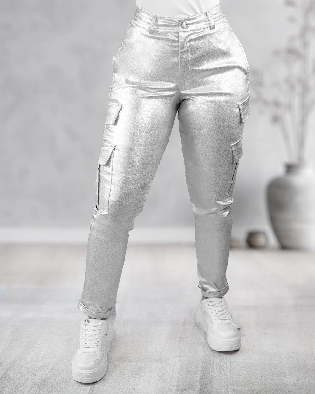 Cargo Pants Plateado Pantalón Plateado Encerado Cargo – Pink Rose Tk