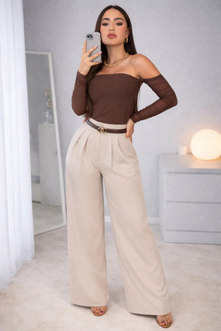 PANTALON BEIGE PALAZZO SENCILLO CON PRENSES