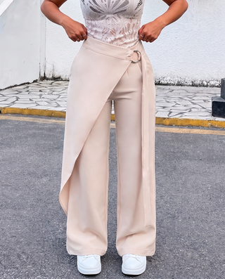 PANTALON BEIGE TIPO CORTINA CON LAZO Y ARO PLATEADO