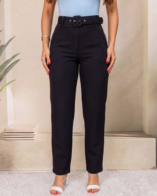 PANTALON NEGRO CON PRENSES Y CORREA DE HEBILLA FORRADA