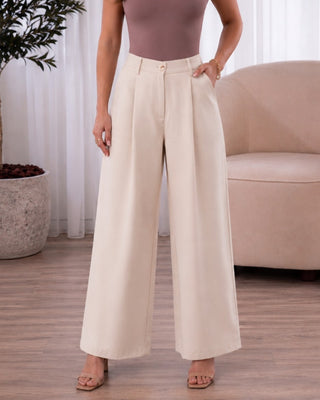 PANTALON BEIGE SENCILLO CON PRENSES Y BOTA ANCHA