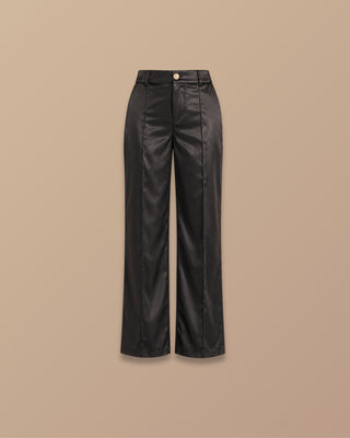 PANTALON NEGRO DE SATIN ANCHO CON VENA Y BOTON CORRUGADO