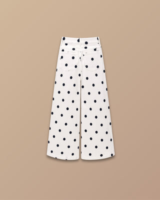 PANTALON BLANCO ANCHO DE BOLAS NEGRAS