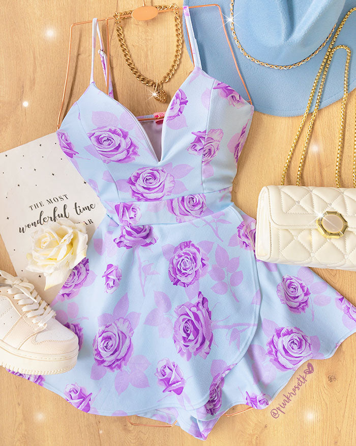 Romper azul y lila de copas, tiras, estampado de flores