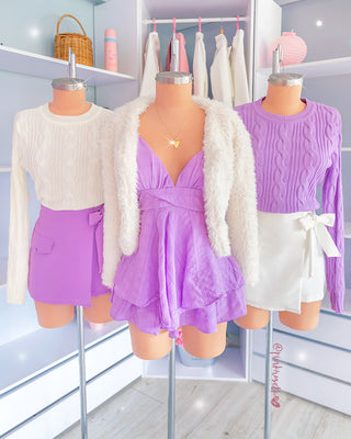 Falda short lila de bolsillo falso y lazo