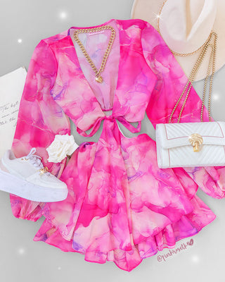 Romper fucsia, manga larga, acuarela y amarrar en la cintura