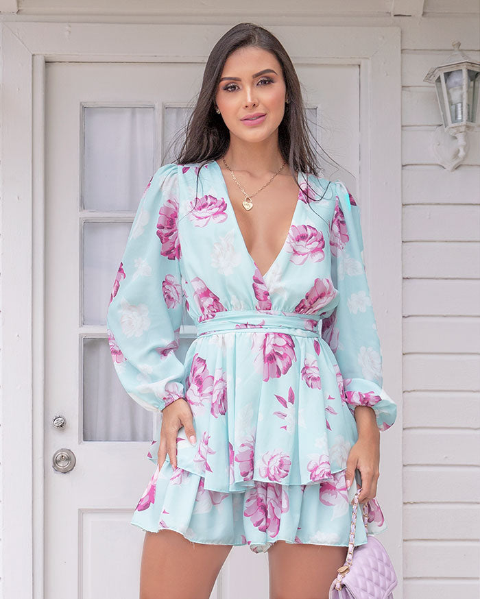 Romper azul floral manga larga con lazo