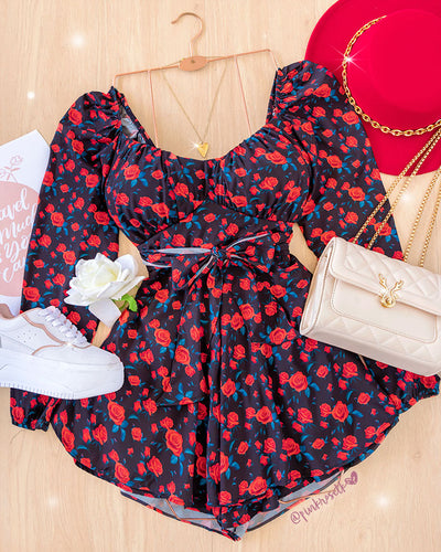 Romper negro manga larga estampado rosas rojas