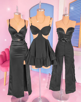 Vestido negro largo satin tiras copas y abertura