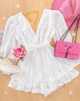 Romper blanco manga larga escote v en velo