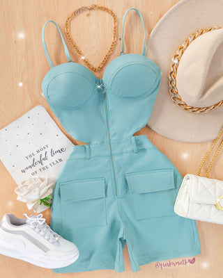 Romper verde menta top con copas tiras y short cargo
