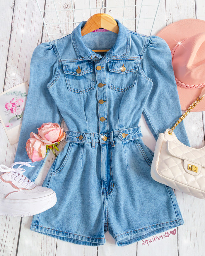 Romper blue jean manga larga puff y short - Main Image