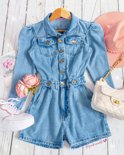 Romper blue jean manga larga puff y short