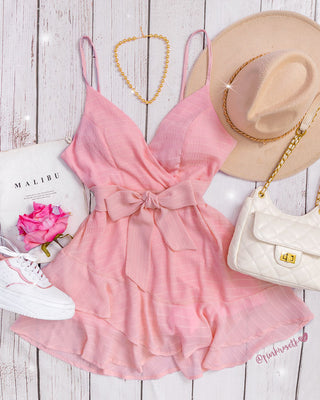 Romper rosado crepe de copas tiras y lazo
