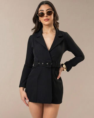 Romper Negro de Manga Larga con Hebilla Forrada