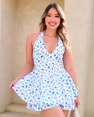 Romper con Estampado de Flores Azules y Tirante para Amarre en el Cuello