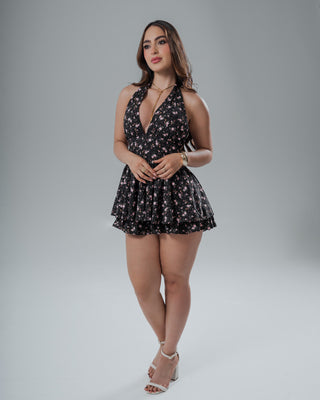 Romper Floral con Amarre al Cuello y Escote